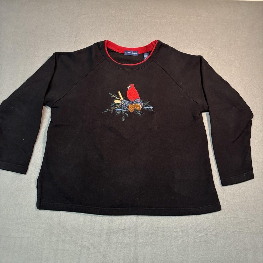 Vtg Karen Scott Womens‎ Medium Sweatshirt Robin on Branch Black Winter Loose Fit
